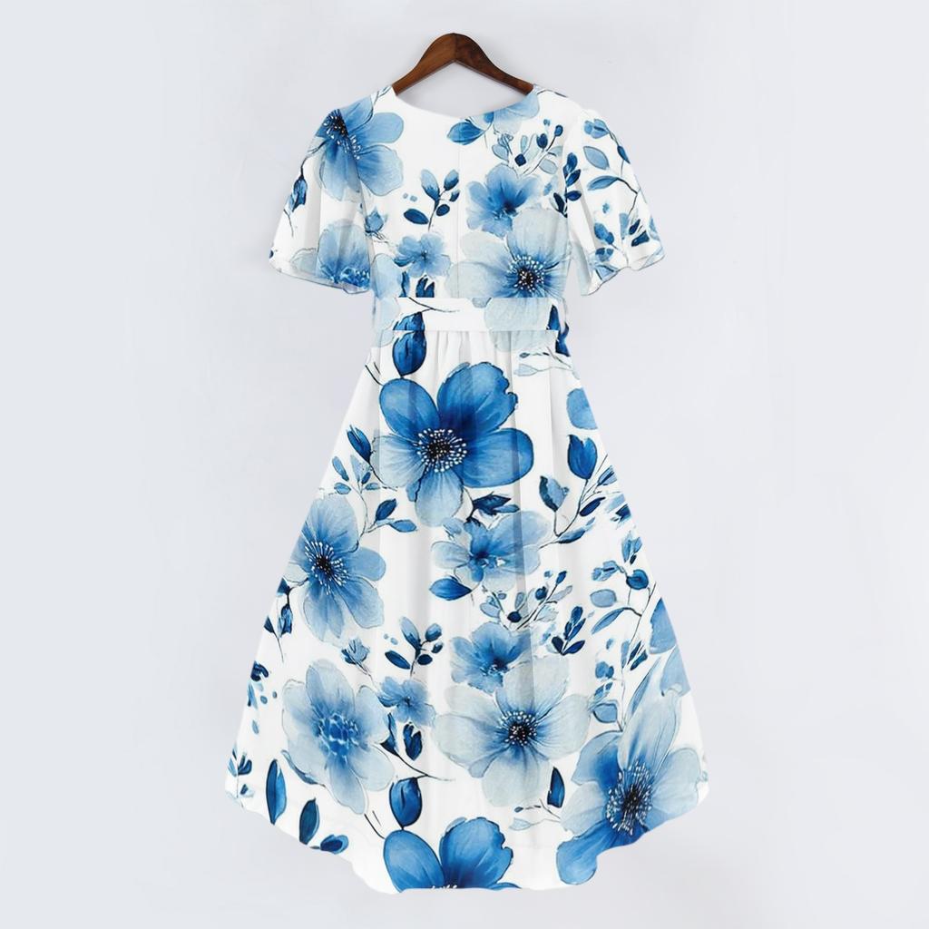 Women's Casual V Neck Short Sleeve Floral Print Dress Midi Length Wrap Style Lightweight Fabric Summer Dress