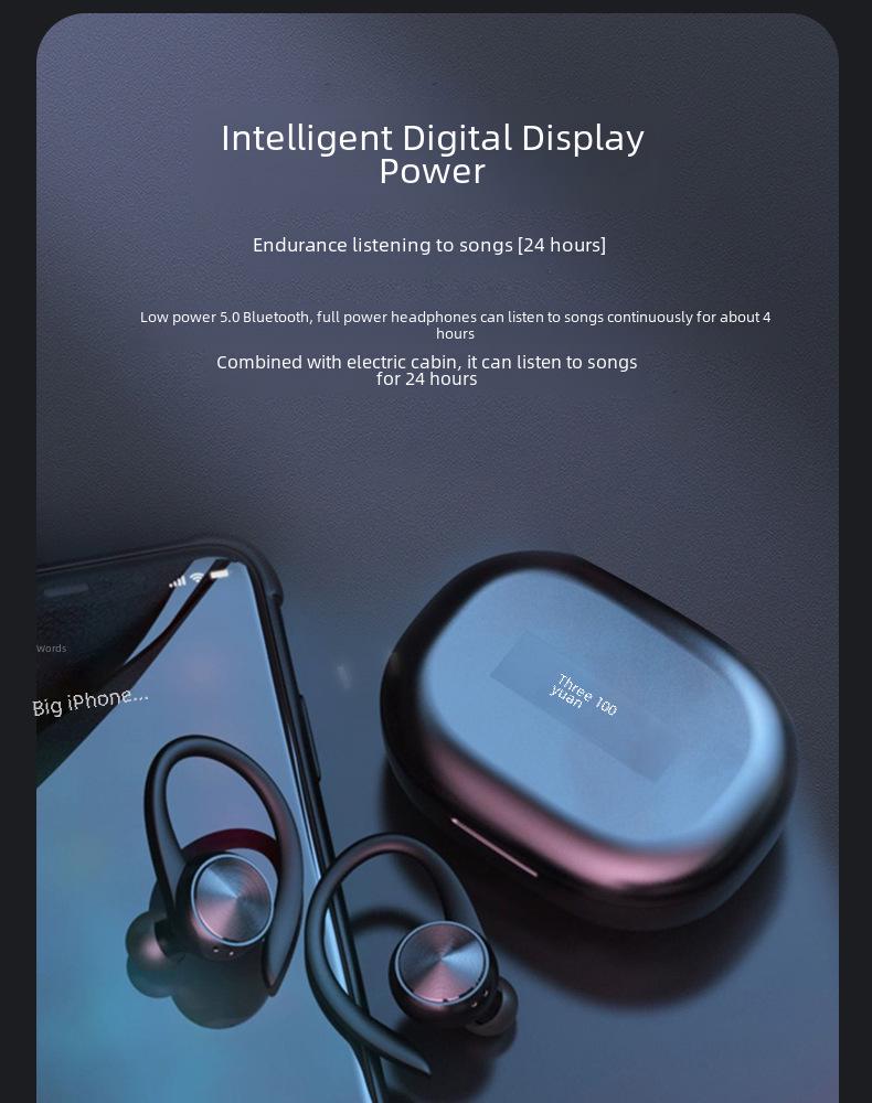 TWS In-Ear Wireless 5.0 Bluetooth Headset with Painless Ear-Hook, Digital Display, Sport Sweat-Proof & Noise Reduction