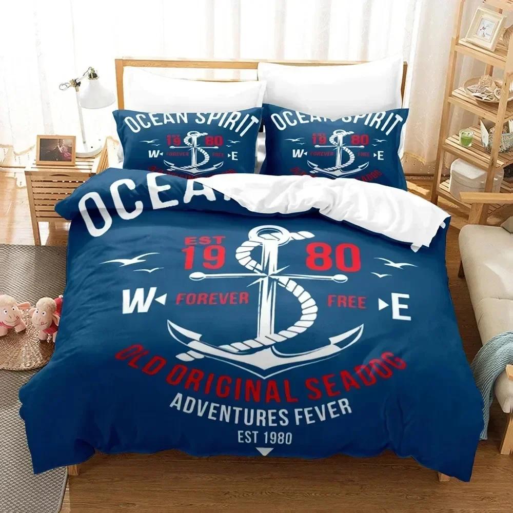 

New Marine Duvet Cover Set Anchor Pattern Bedding Set Ultra Soft ComforterQuilt Cover Set&Pillowcases for Kids Boys Bedroom 135x200cm