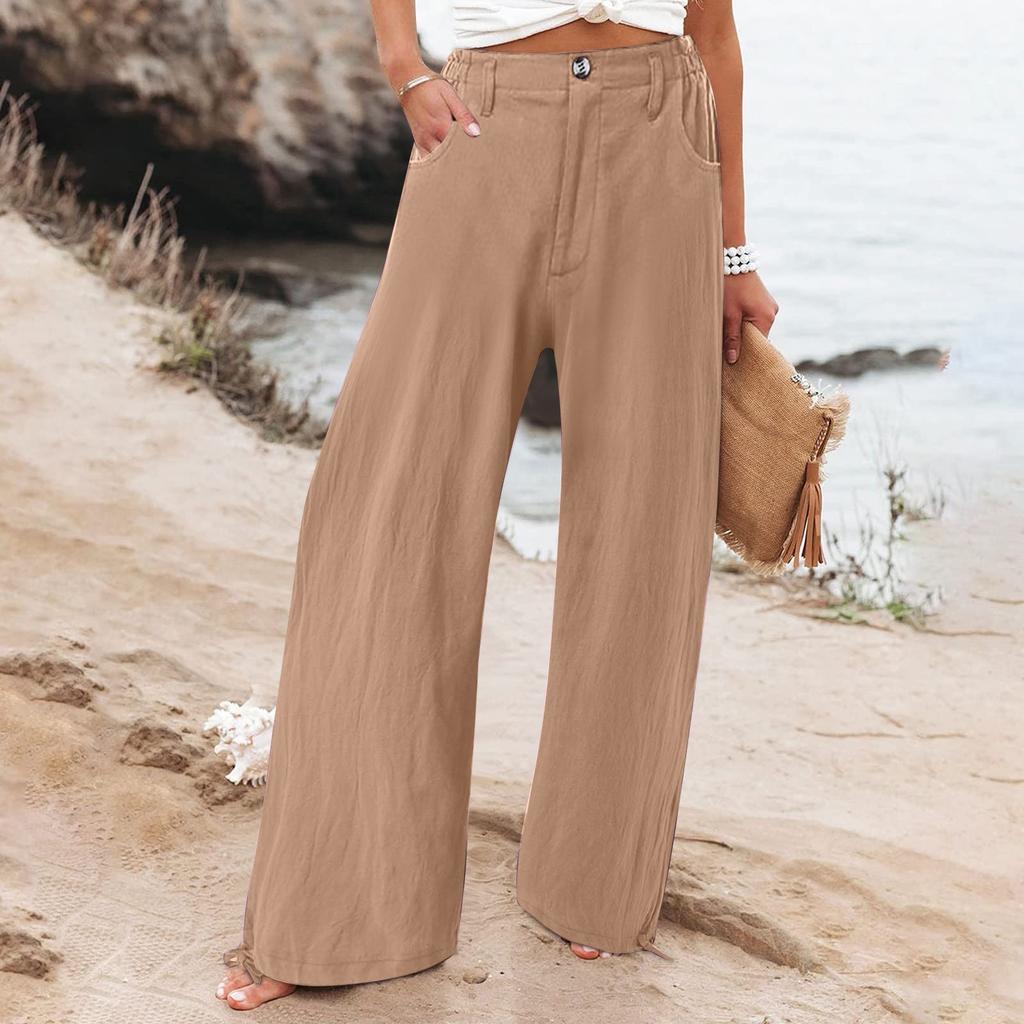 Summer Cotton Linen Wide Leg Pants Women Loose Palazzo Pant Pocket Elastic Waist Button Casual Pants