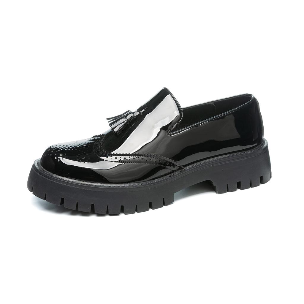 New Retro Fringed Men's Solid Color Loafers Round -Toed And Thick -Heeled Casual Dress Shoe Classic Office And Party Dress Shoes