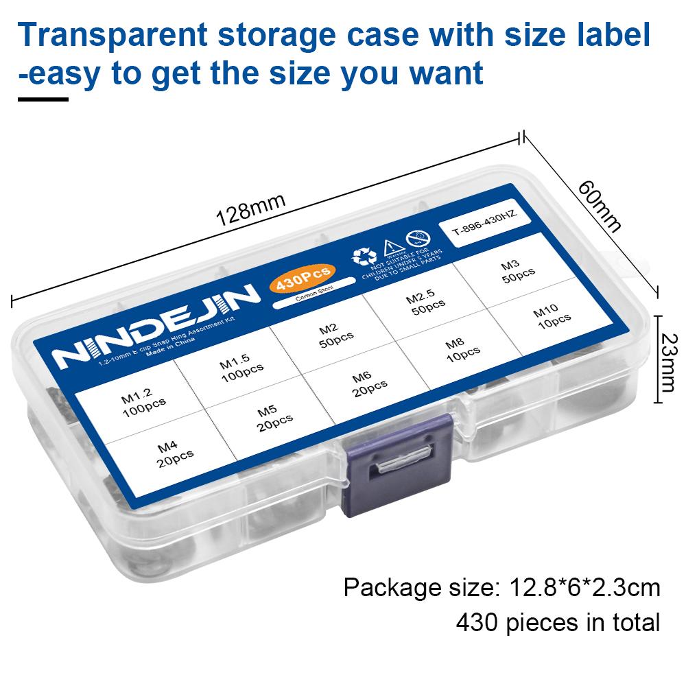 NINDEJIN 430 Stück E-Clip Sortiments-Set M1.2-M10 Edelstahl Kohlenstoffstahl Sprengring Unterlegscheibe E-förmiger Außen-Sicherungsring
