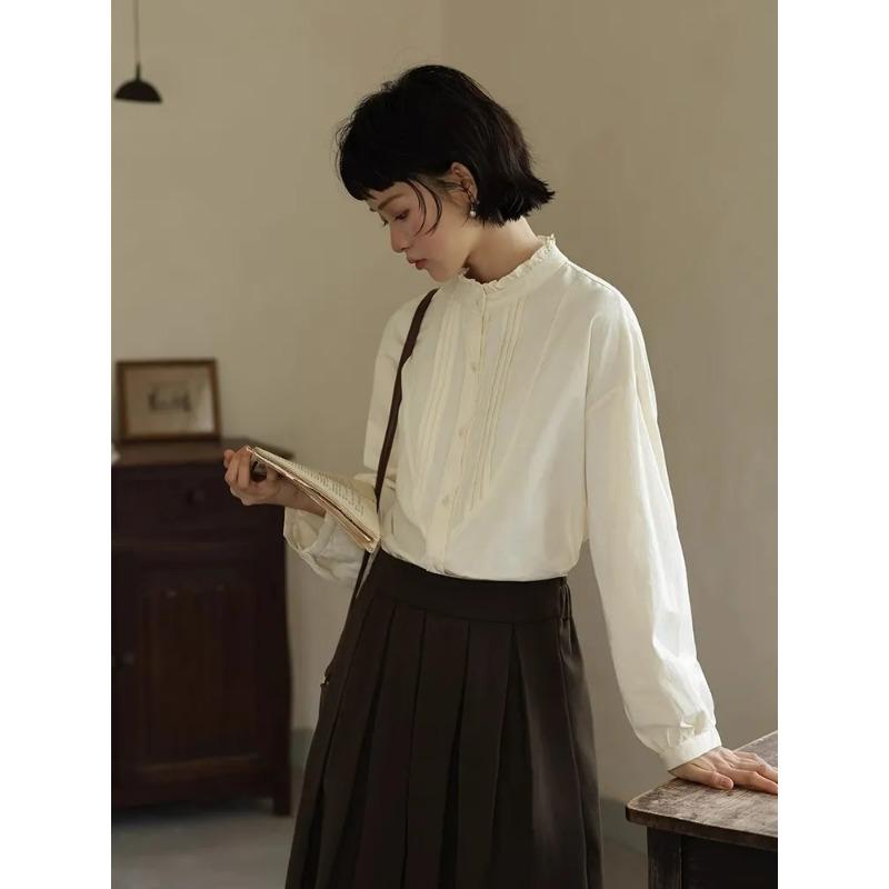 Artistic Lace Stand-up Collar Long-sleeved Brushed Shirt for Women Autumn and Winter Layered Inner Top Design Cardigan
