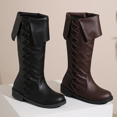 Retro Mid Calf Heels Pirate Costume Boots Women's Cross Bandage Comfy Shoes Medieval Renaissance Halloween Cosplay Footwear