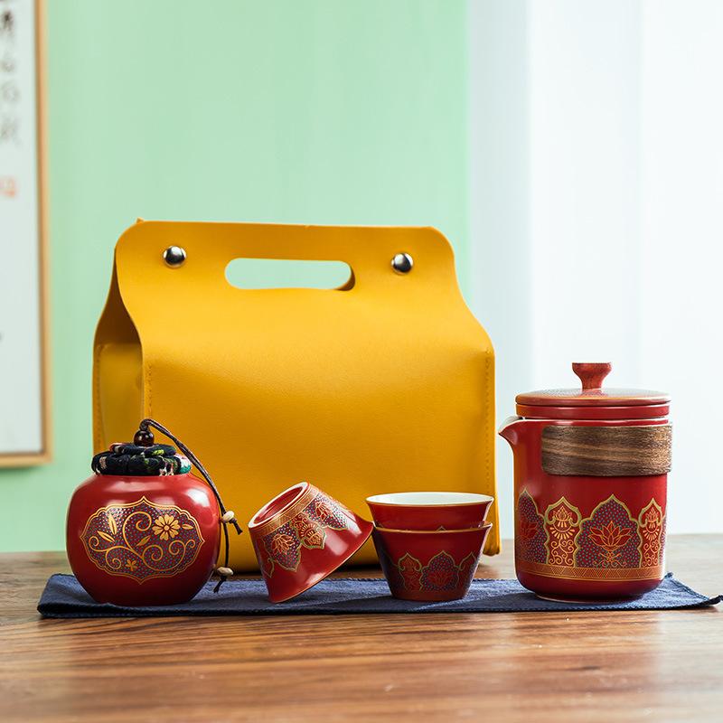 Travel tea set, ceramic express cup, one pot, three cups of tea can, tea can set, gift