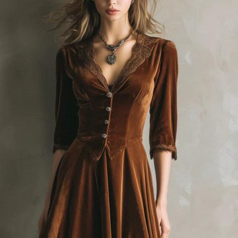 Women's Trendsetter Velvet Patchwork Lace Dress - Autumn/Winter European & American Street Style