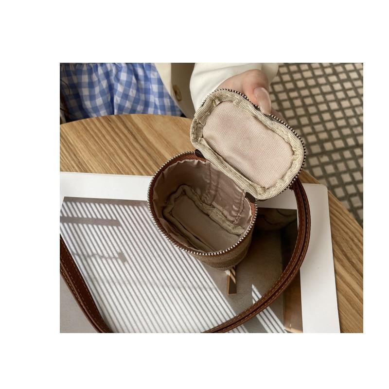Canvas Cowhide Small Change Purse Ins Style Simple Portable Neck Hanging Lipstick Makeup Bag Leather Earphone