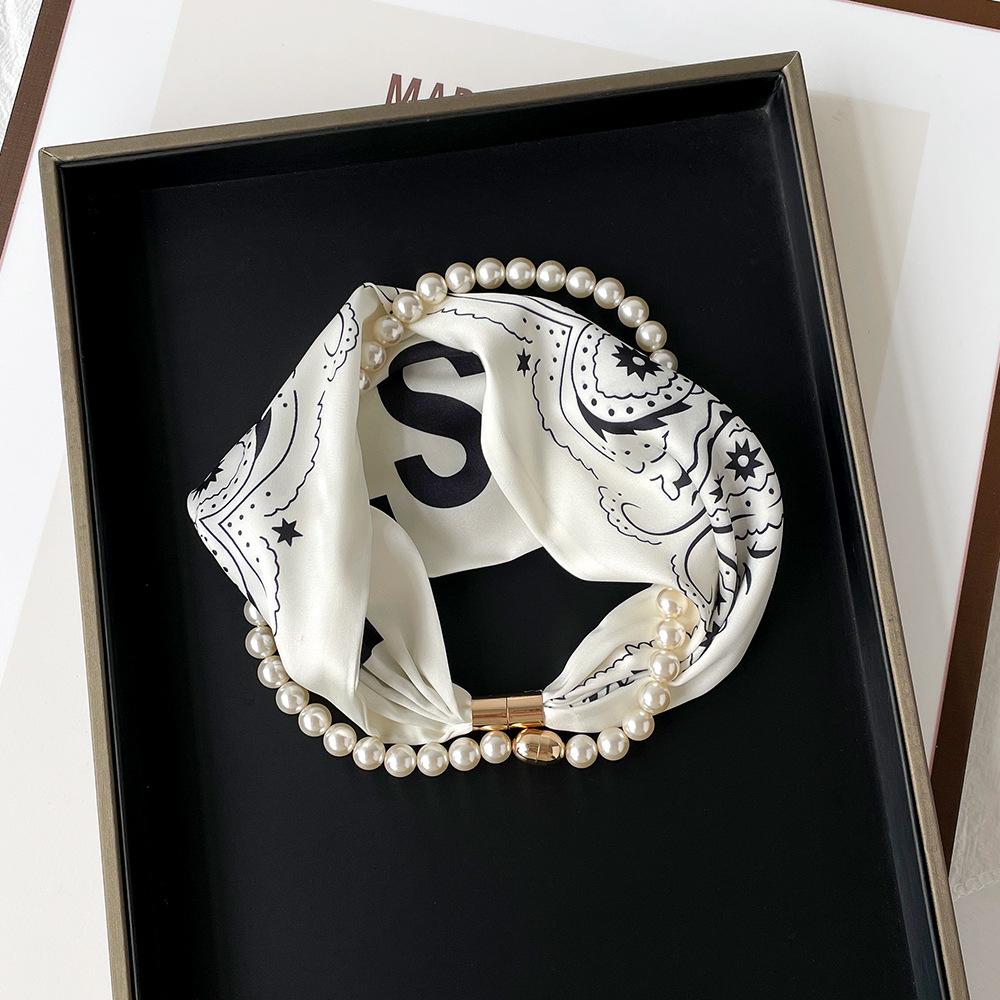 1116 Spring and Summer New Silk Scarf Women's Niche High-end Pearl Magnetic Buckle Necklace Foreign-style Wear Printed Small Scarf