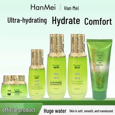 Feuchtigkeitsspendendes Hautpflege-Set mit Aloe Vera: Toner, Lotion, BB-Creme, Feuchtigkeitscreme und Gesichtsreiniger.
