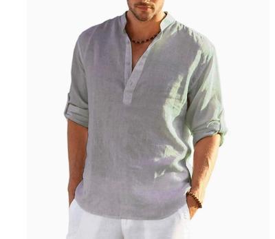 Men's Long Sleeve Linen Shirt Loose Fit Pullover Casual Button Placket Lightweight Breathable Cotton Blend Top