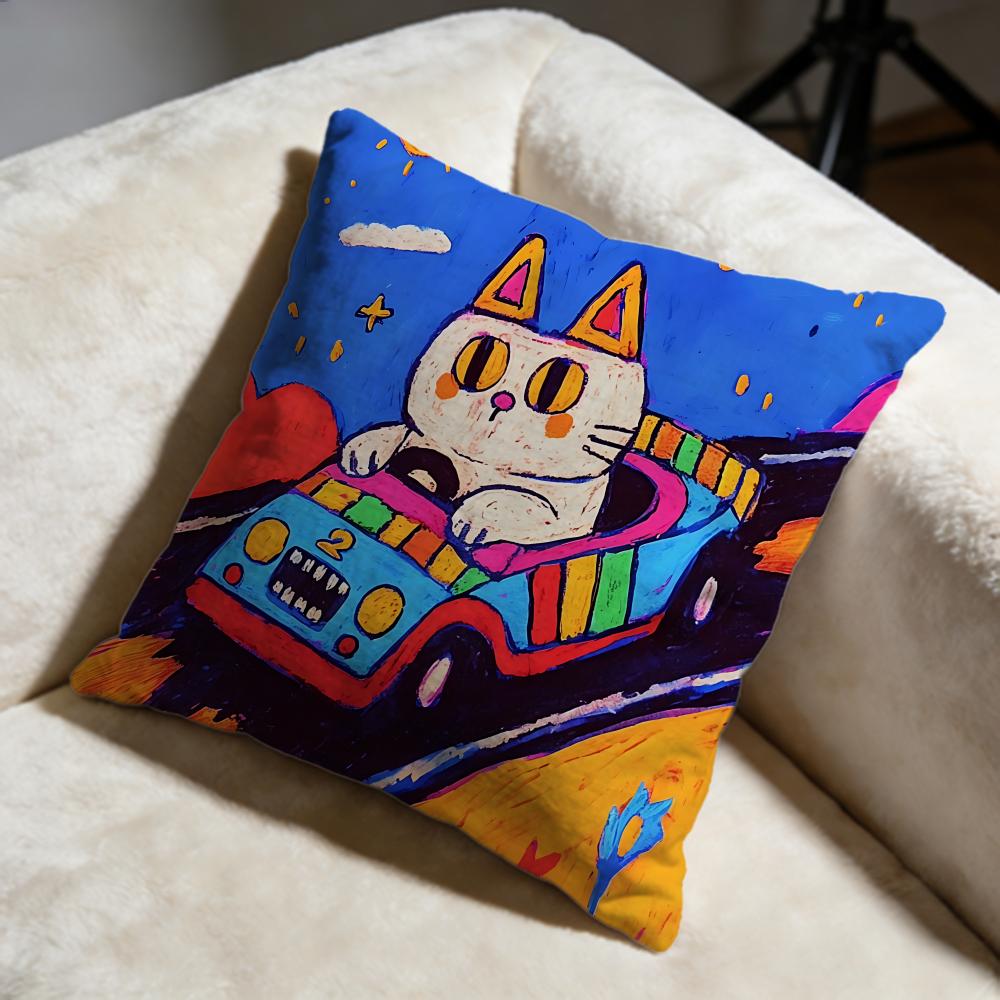 Driving Cat Cushion Cover Soft Decorative Pillow Case Suitable for Bedroom Sofa Car Travel Use