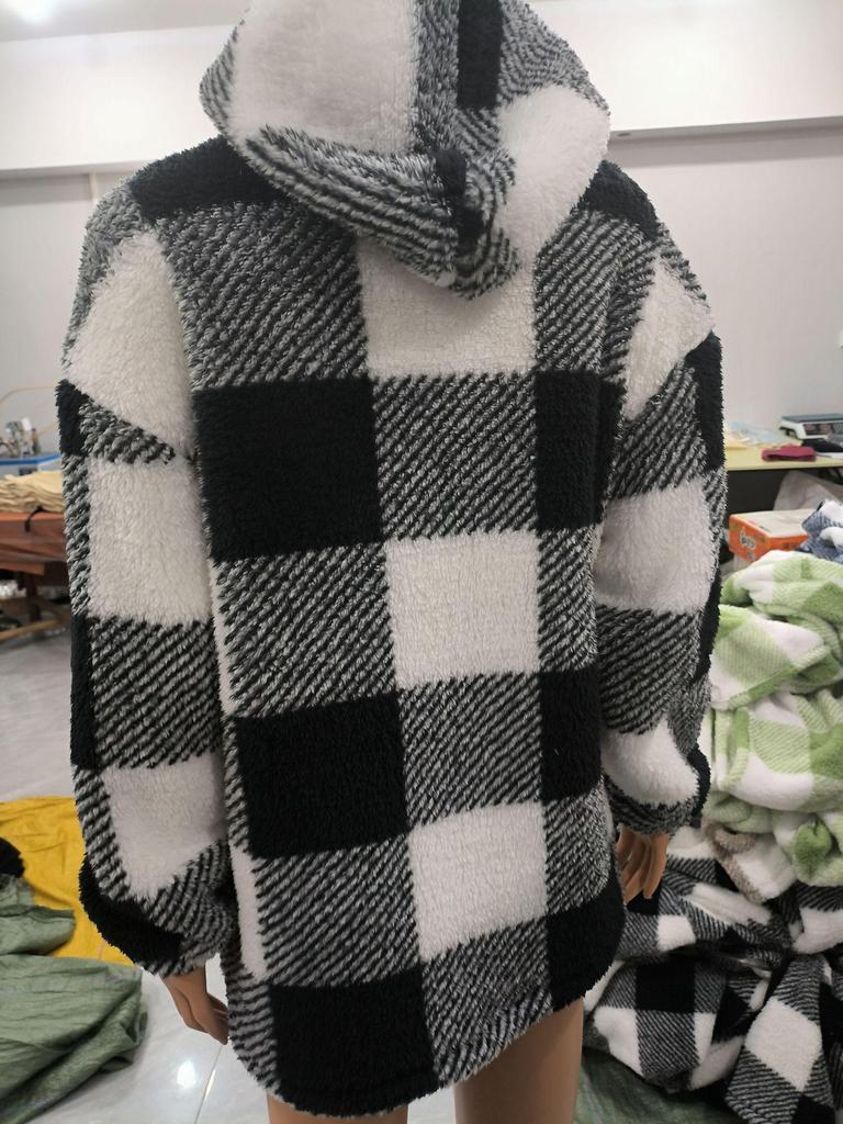 2025 Plaid Loose Fit Long Sleeve Hooded Fuzzy Zip-Up Cardigan Jacket