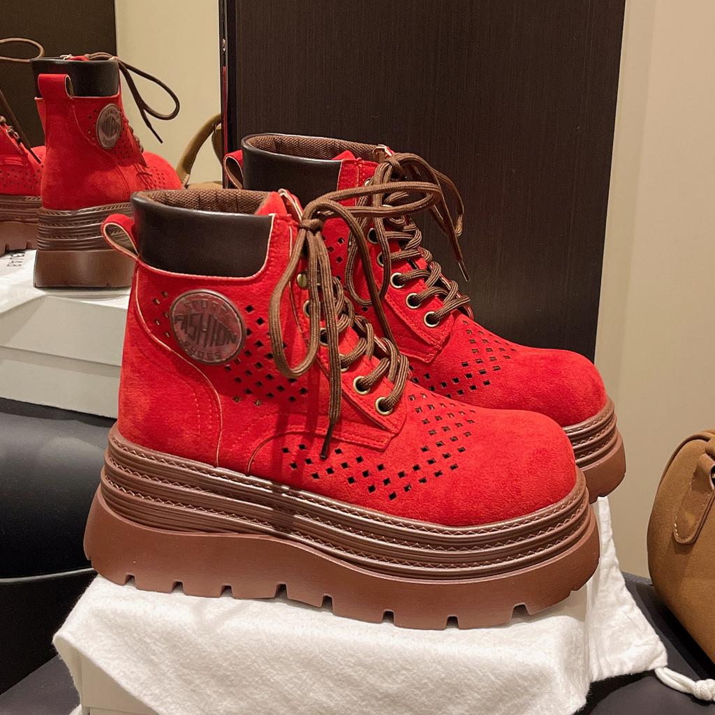 Thick-soled Hollow Rhubarb Boots Women's Martin Boots 2025 Summer, Autumn and Winter New Popular Short Tube Versatile Short Boots Single Boots