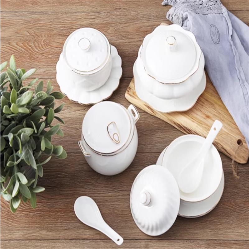 Homeglen Ceramic Gold-Top Lidded Soup & Dessert Bowl Set