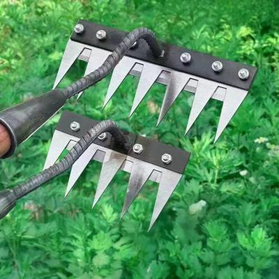 Garden Weeding Rake Heavy-Duty Carbon Steel Weed Puller 5/6/7/8 Teeth Weeder Rake Hand Uprooting Tool for Yard Lawn Gardening Landscaping