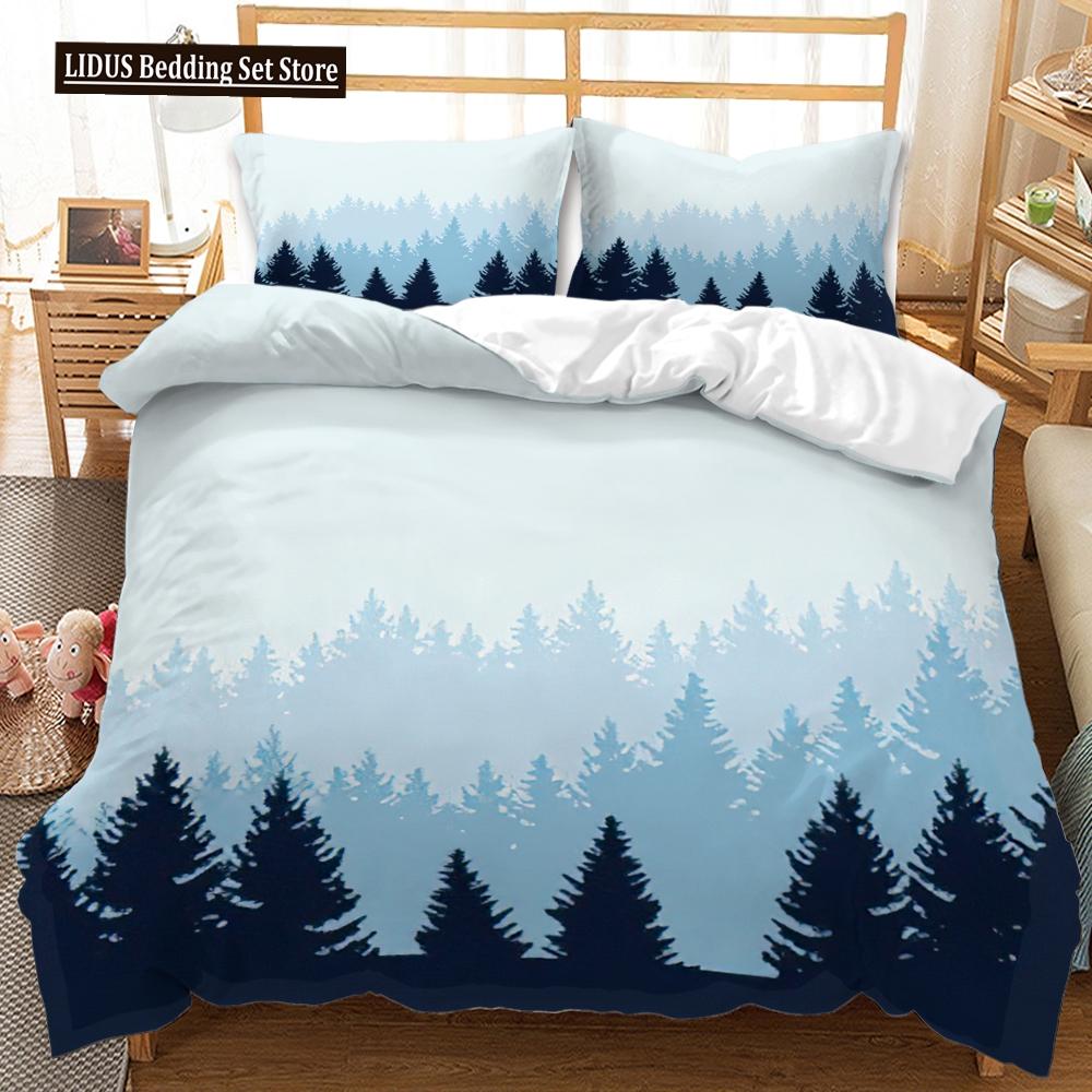 3D Mountain Forest Duvet Cover Set Snow Mountain Winter Theme King Queen Size Comforter Cover For Kid Teen Polyester Bedding Set