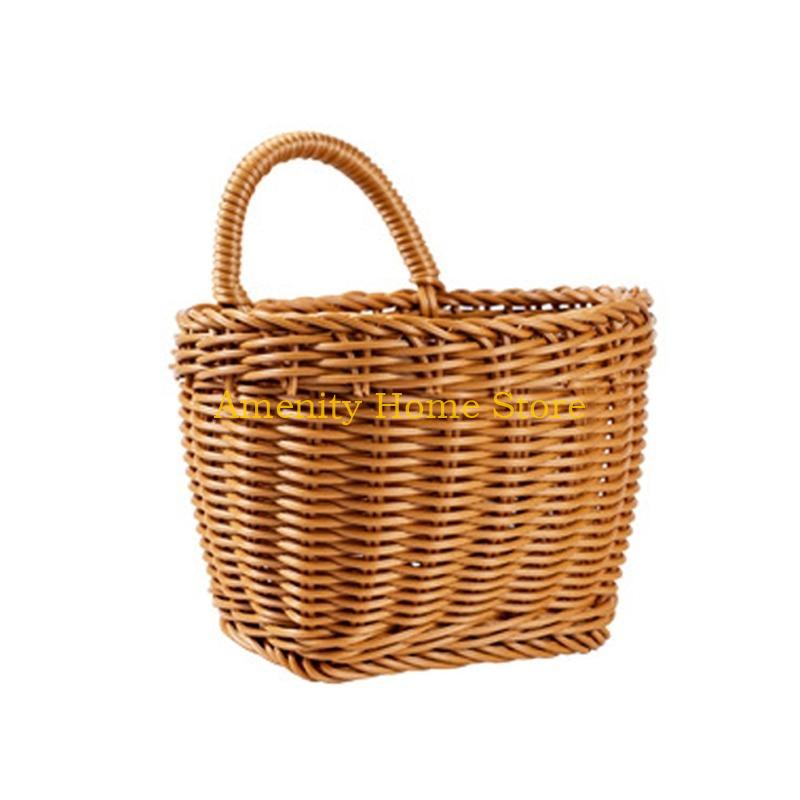 F26C Kitchen Storage Basket with Handle Hand-woven Hanging Baskets for Living Room Fruit Flower Sundries Home