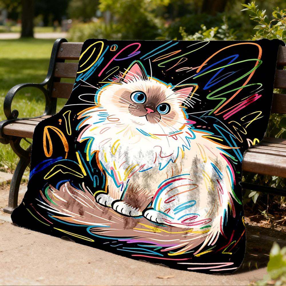 1pc Colorful Cat Artwork Throw Blanket Polyester Fiber, Lightweight Flannel, Soft & Warm, All Season Use for Outdoor, Camping