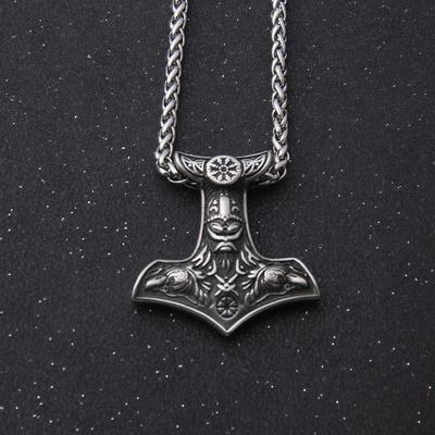 Norse Mythology Viking Chain Necklace Pendant Mens Nordic Compass Thors Hammer Necklace - Helmet of Terror