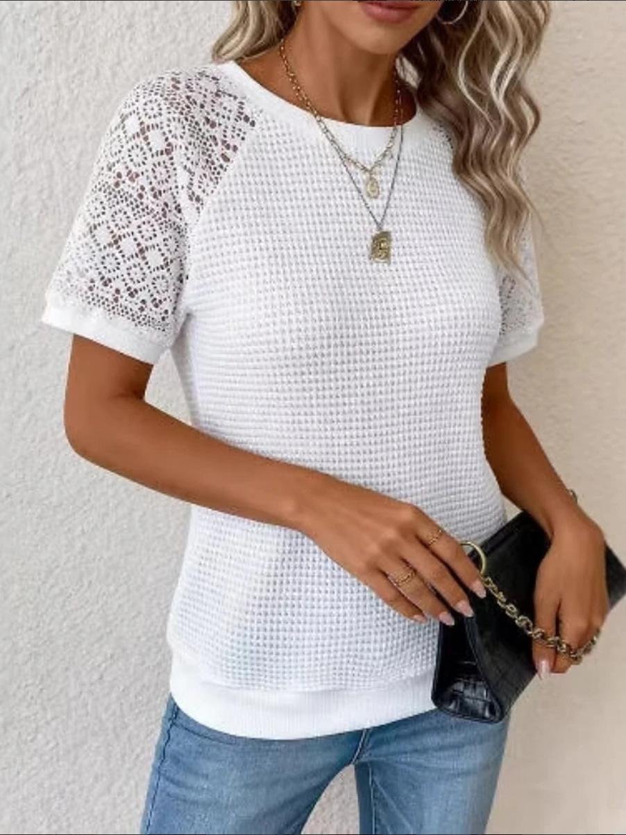 

Womens Lace Short Sleeve Crew Neck Casual Blouse S белый