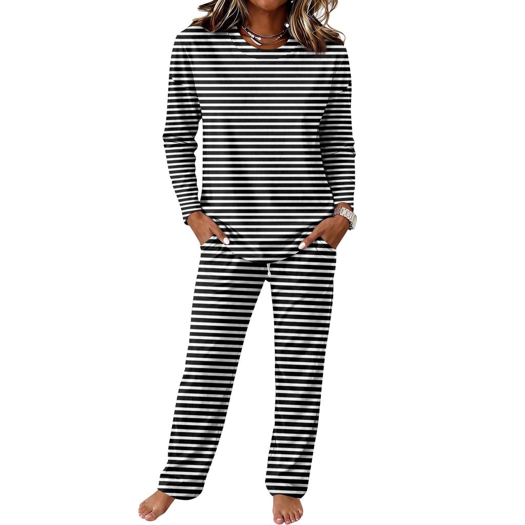 Women's Round Neck Long Sleeve Pajama Set with Drawstring Wide Leg Pants for Sleepwear Loungewear