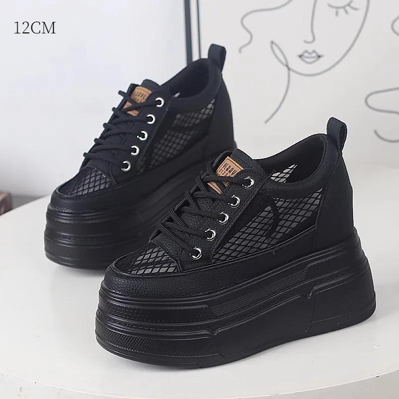 10CM 12CM Air Mesh Leather Breathable Pumps Summer Fashion Chunky Sneaker Heels Sandals Platform Wedge Hollow Shoes