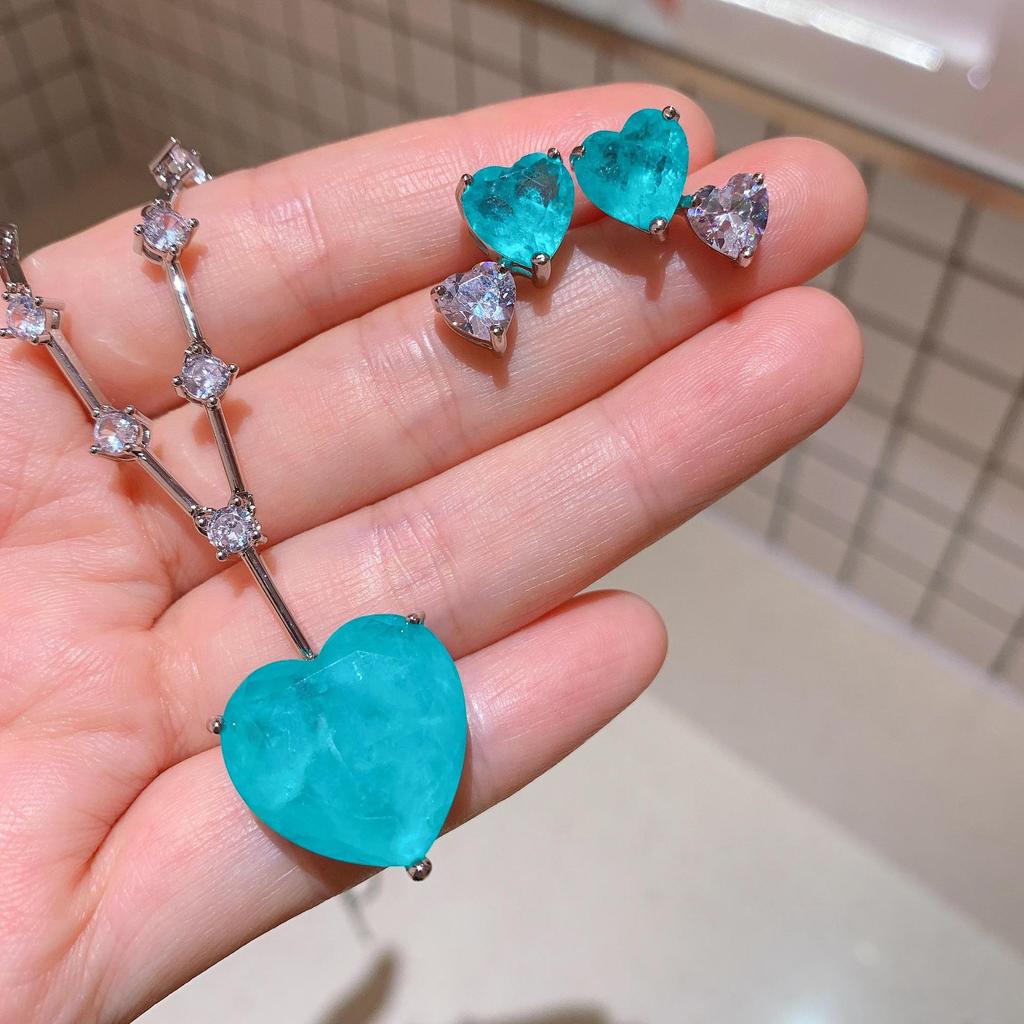 Jewelry Wind Simulation Paraiba, Heart-Shaped Set Stud Earrings 10 * 10 Pendant 20 * 20