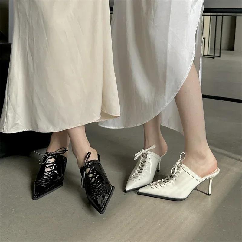 Fashion New Sexy T-tied Lace-up Pointed Toe Women Pumps Slippers 2025 Summer Elegant Thin High Heels Party Prom Mules Shoes for Women