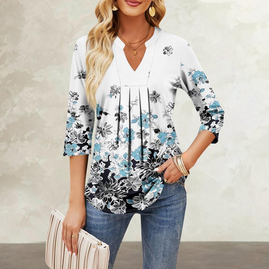 Damen-Oberteile mit Siebenviertel-Ärmeln, lässig, V-Ausschnitt, Rüschen auf der Brust, Druck, lockere T-Shirt-Oberteile