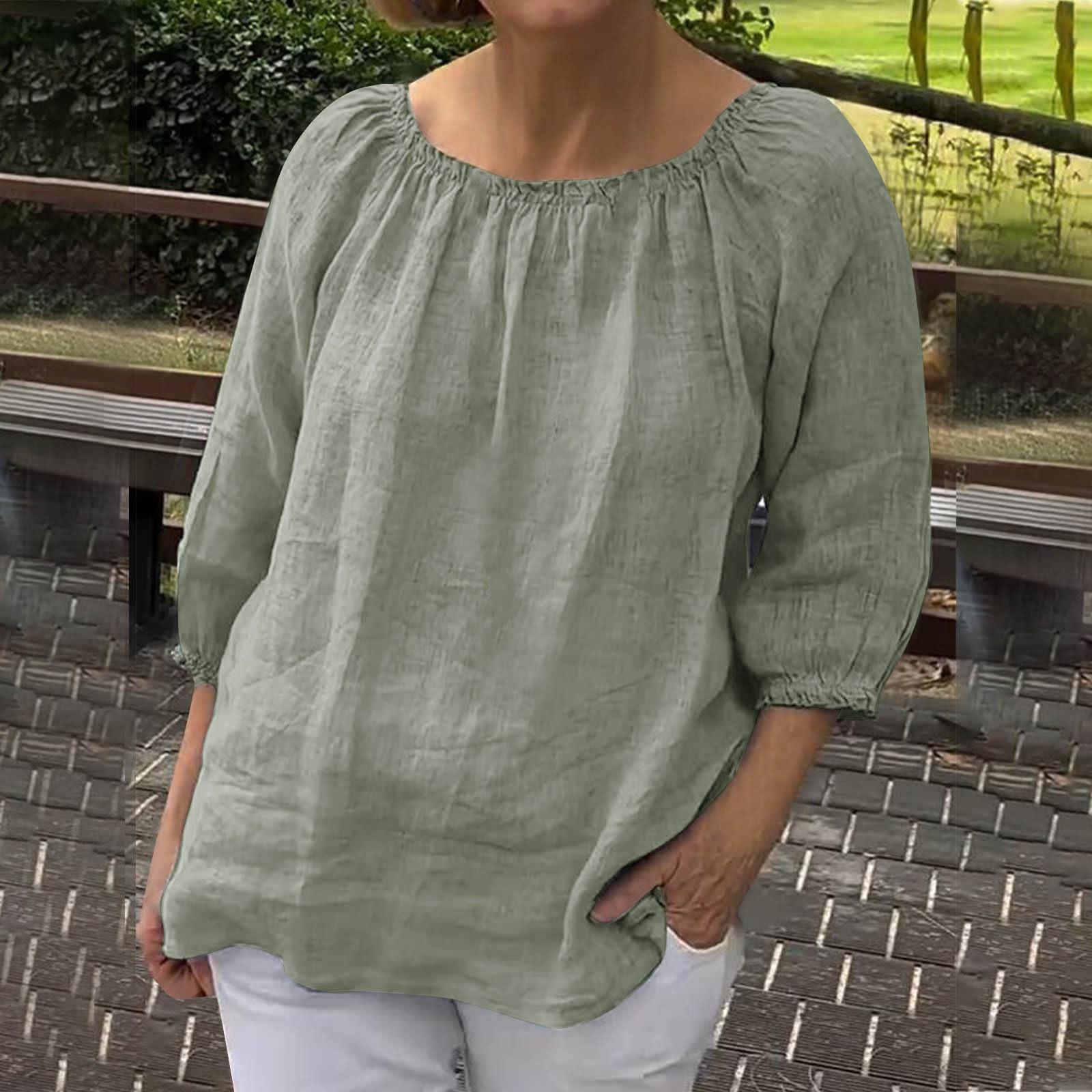 

Женский свободный однотонный повседневный топ из хлопка и льна с круглым вырезом и средним рукавом S