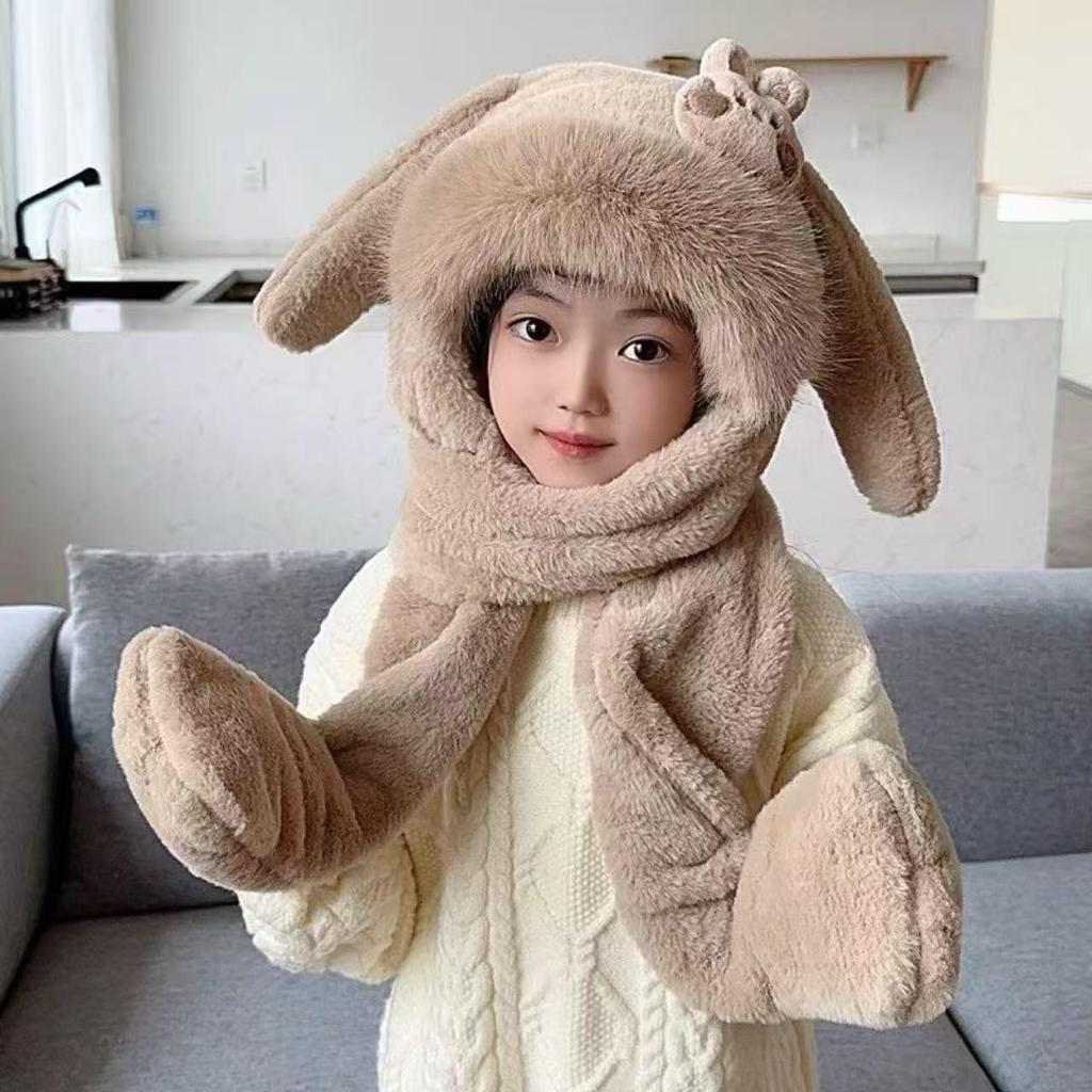 Cute Rabbit Ear Children's Hat & Scarf Combo - Plush, Warm, and Movable Ears for Girls.
