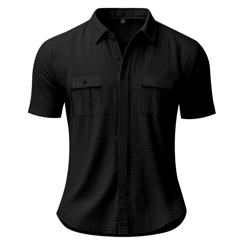 Summer men's linen shirt solid color pocket loose lapel casual cardigan short-sleeved t-shirt