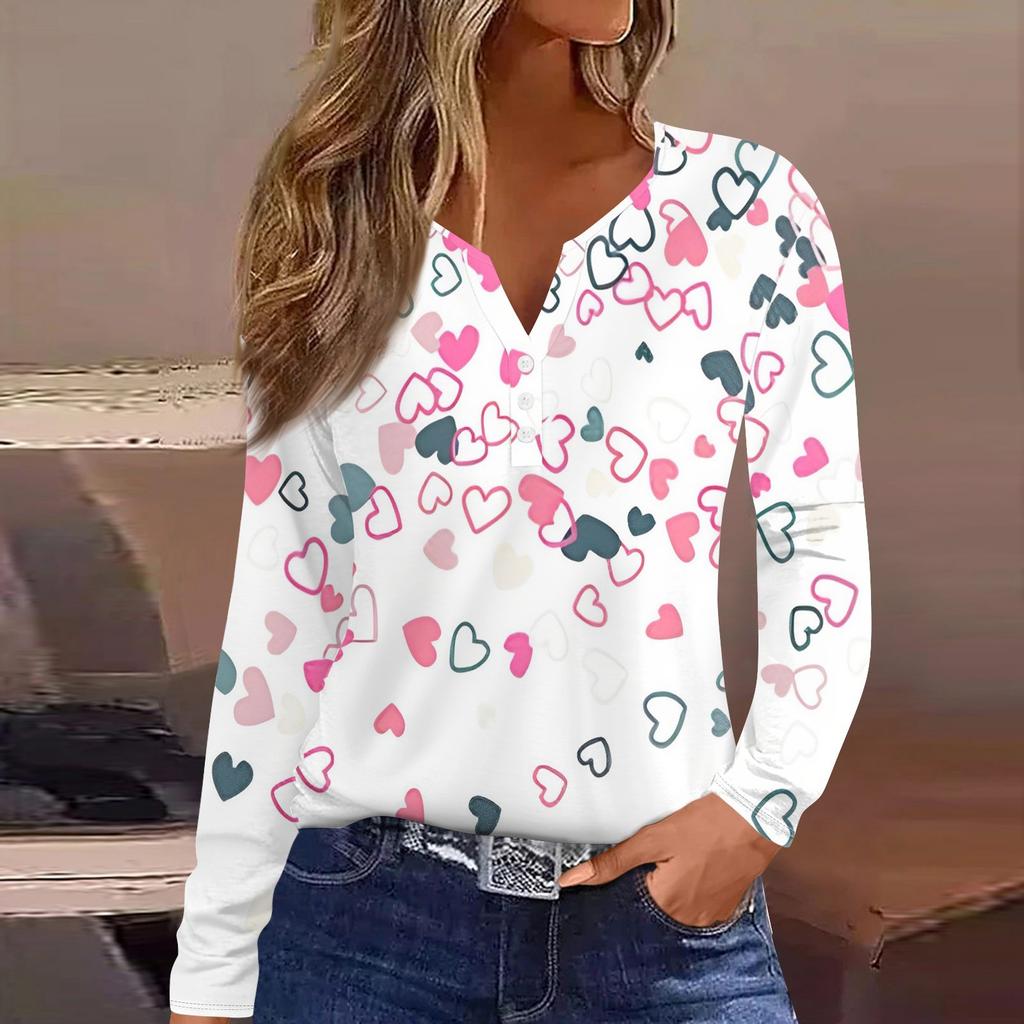 Damenmode Lässig Valentinstag Bedruckt V-Ausschnitt Langarm Knopfleiste T-Shirt Top