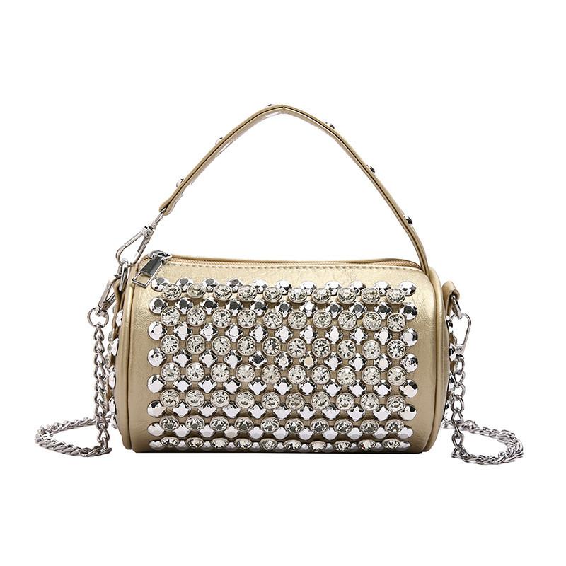 IELGY Cylindrical Female Bag with Diamond Crossbody Chain Pillow Bag