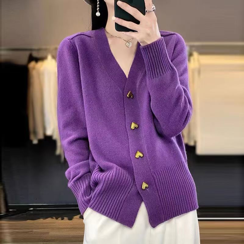 

Women s clothing autumn and winter new solid color long-sleeved V-neck knitted cardigan love solid color sweater jacket women One size