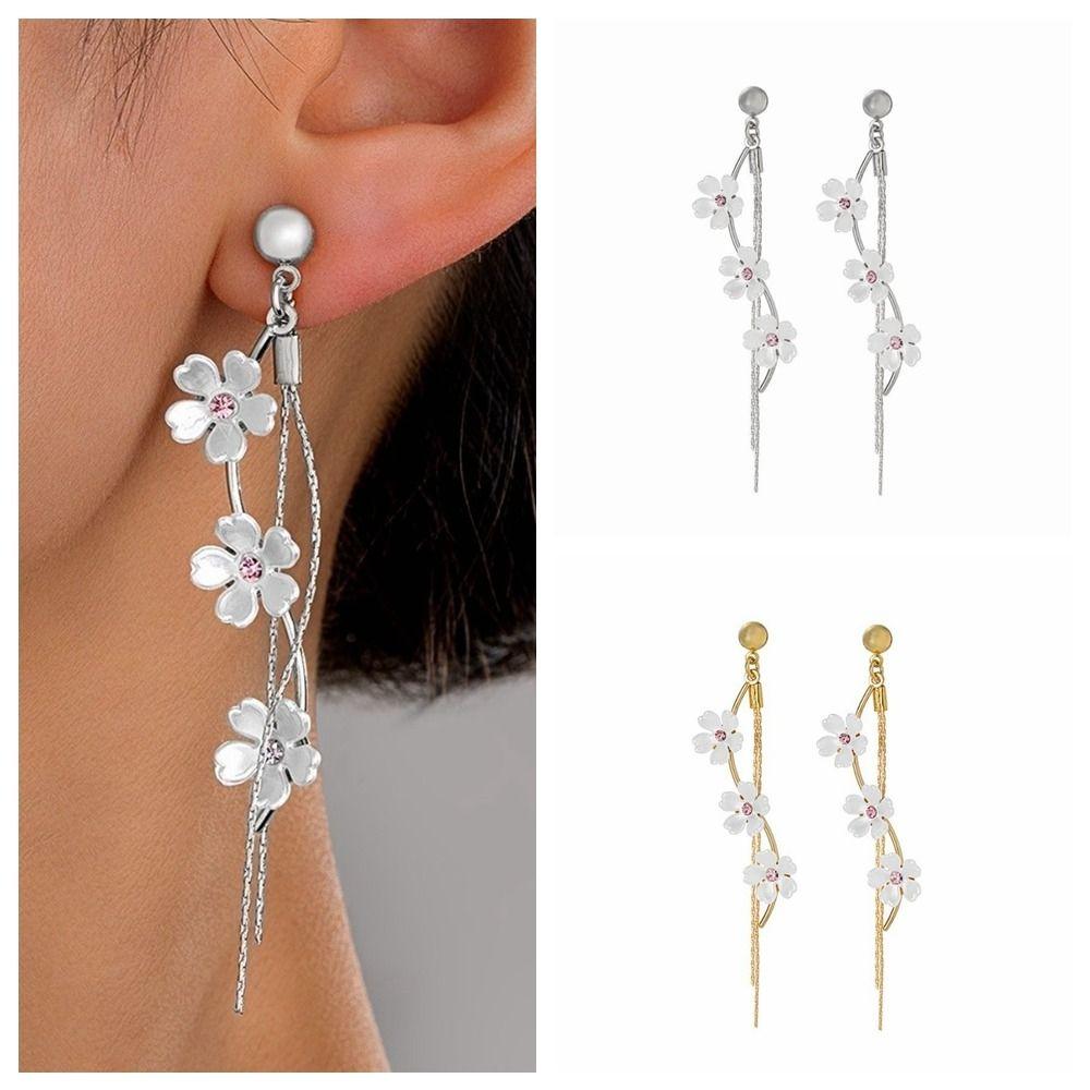 Sweet Versatile Fringe Hoop Earrings Resin Rhinestone Pendant Earrings Long Face Slim Jewelry Flower Earrings Ladies