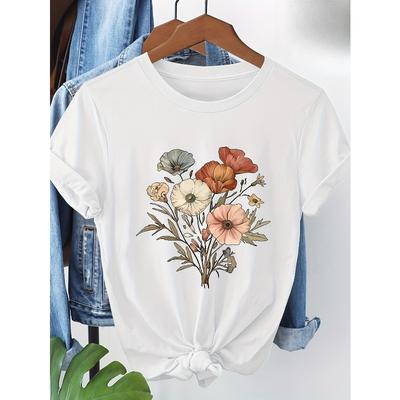 Europejski rozmiar T-shirt z nadrukiem kwiatowym, z krótkim rękawem