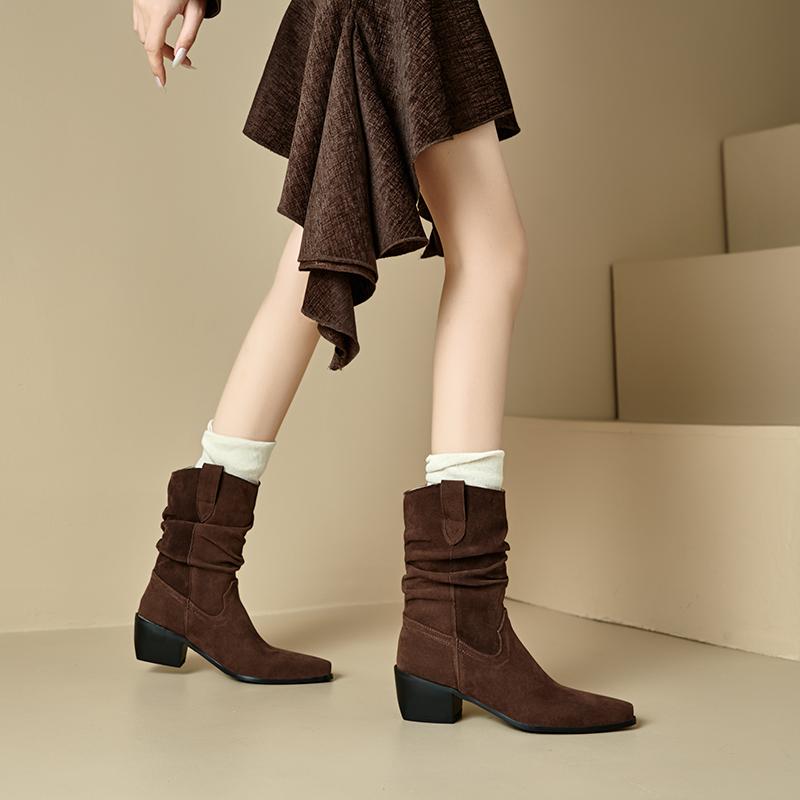 Women's High-heeled Short Boots Autumn and Winter New Suede Large-size Casual Roman Boots