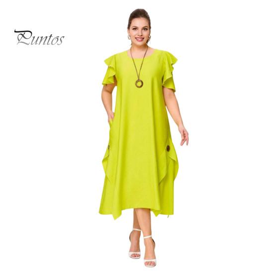 

Женское платье миди с круглым вырезом, оборками, короткими рукавами, повседневное свободное платье с карманами, однотонное платье длиной до середины икры 3XL зелёный