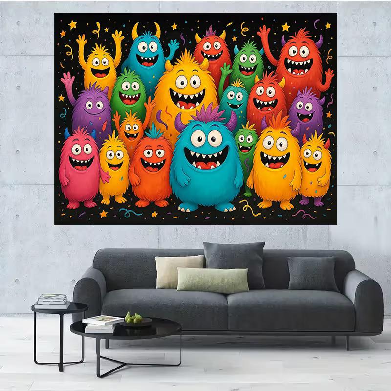 2D Bright Happy Monster Party Tapestry Kids Bedroom Colorful Wall Art Decor