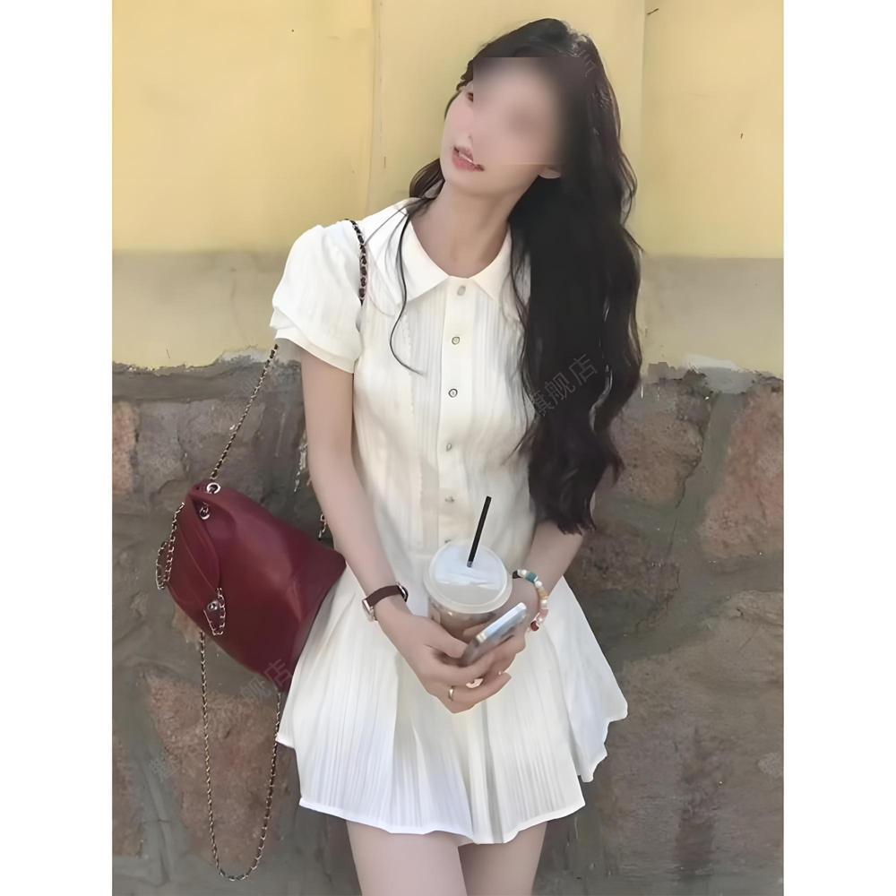 Academy Style Bubble Sleeves White Shirt Dress Small Waist Short Skirt Women's Summer Temperament