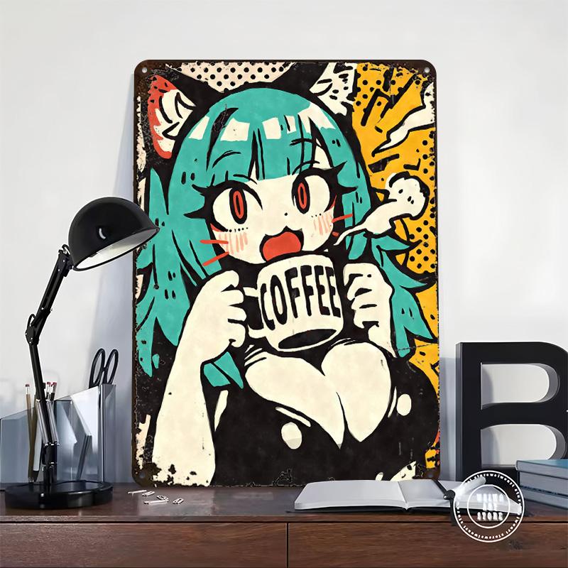 Kawaii Anime Cat Girl Coffee Printed Poster Customized Wall Art Retro Vintage Metal Tin Signs for Home Decoration Aesthetic Room