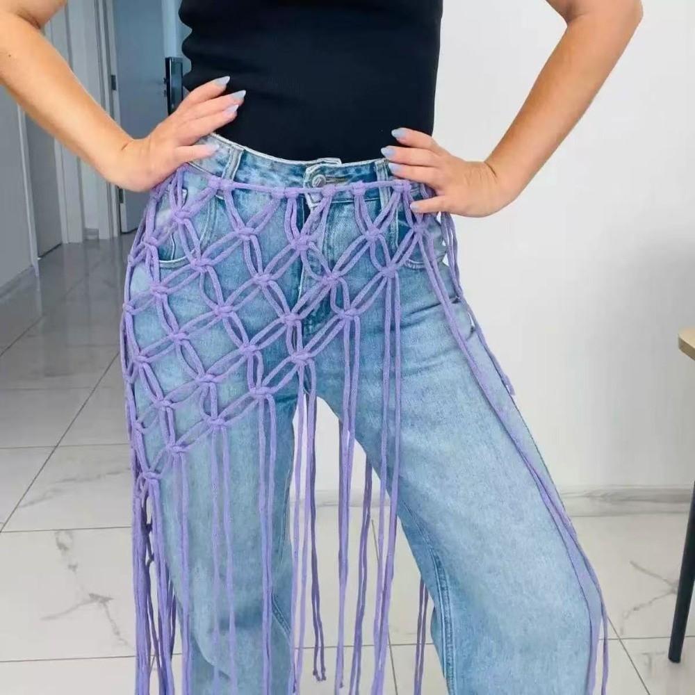 

Handwoven Waist Decoration Woven Belted Skirt New Mesh Tassel Waist Belt Festival Street фиолетовый