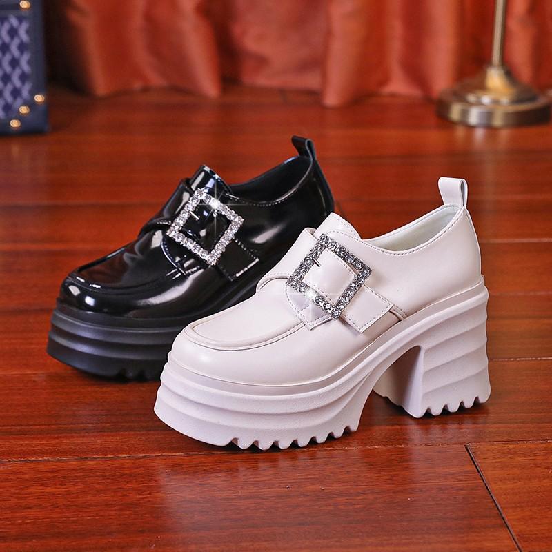 Super High Heel Square Heel Loafers Round Toe Slip-on Party Ladies Shoes on Sale 2024 Fashion Metal Decoration Solid Pumps