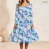 Women Plus Size Square Neck Long Sleeve Blue Pink White Printed A Line Dress With Belt