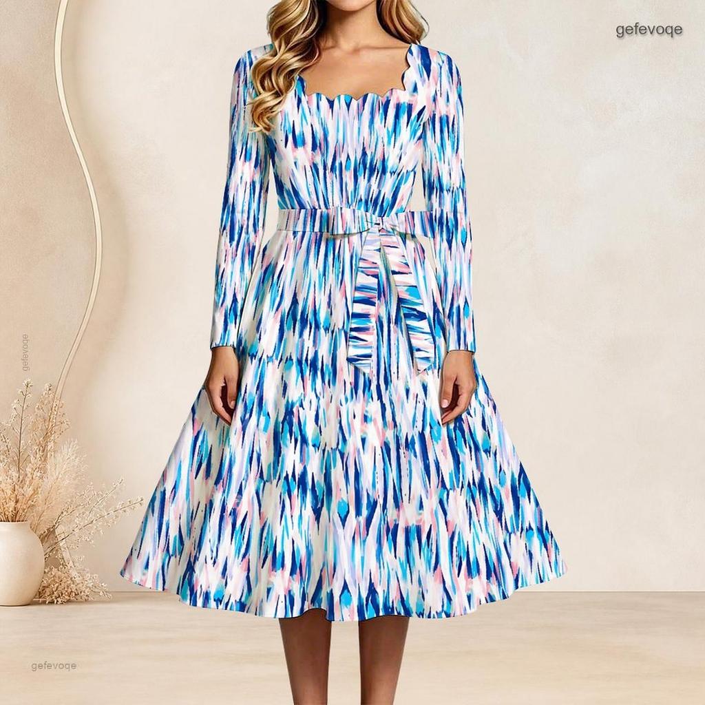 Women Plus Size Square Neck Long Sleeve Blue Pink White Printed A Line Dress With Belt