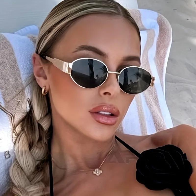 Fashionable Oval Women Sunglasses Retro Trendy Outdoor Metal Frame Classic High Quality Unisex Glasses
