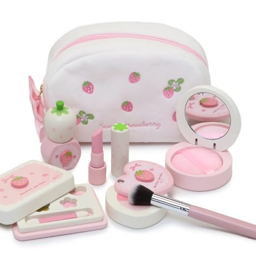

Mother Garden Pretend Play Uncolored Makeup Pouch Set (Sweet Strawberry) Wooden Makeup Set for Girls, Dresser Included, Gift for 3-Year-Old Girls, Toy