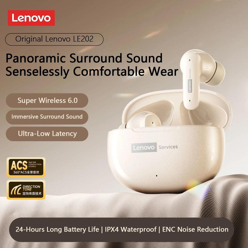 Original Lenovo LE202 Wireless Bluetooth 6.0 Earphones AI Call Noise Cancellation Sound Quality Headphone Long Battery Life Earbuds