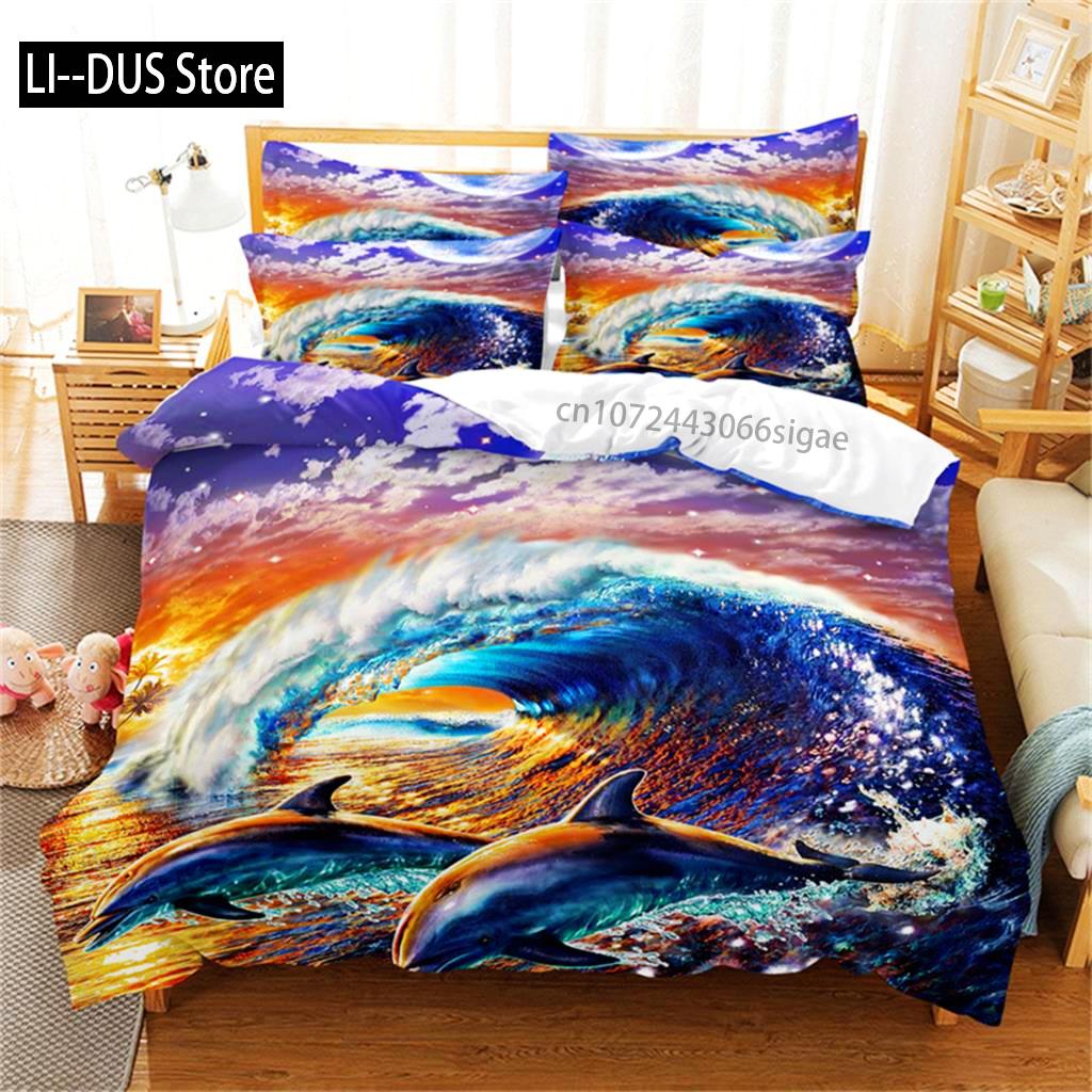 Lovely Dolphin Duvet Cover Blue Ocean Sea Animal Bedding Set Queen King Size Comforter Cover For Women Girls Bedroom Decoration